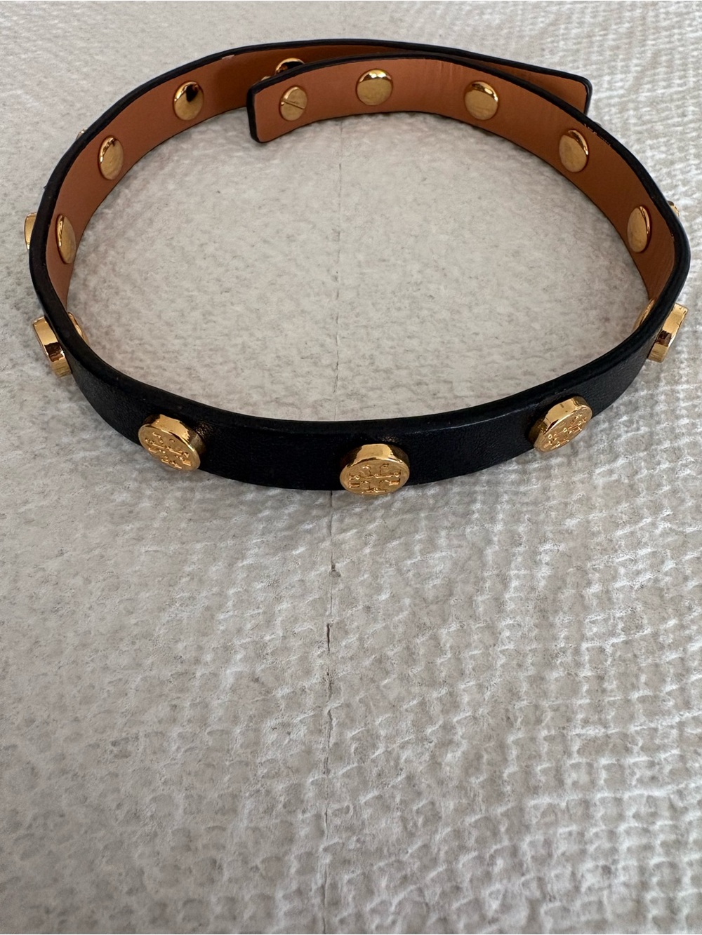 Tory Burch Studded Black Leather double wrap bracelet with Gold Accents